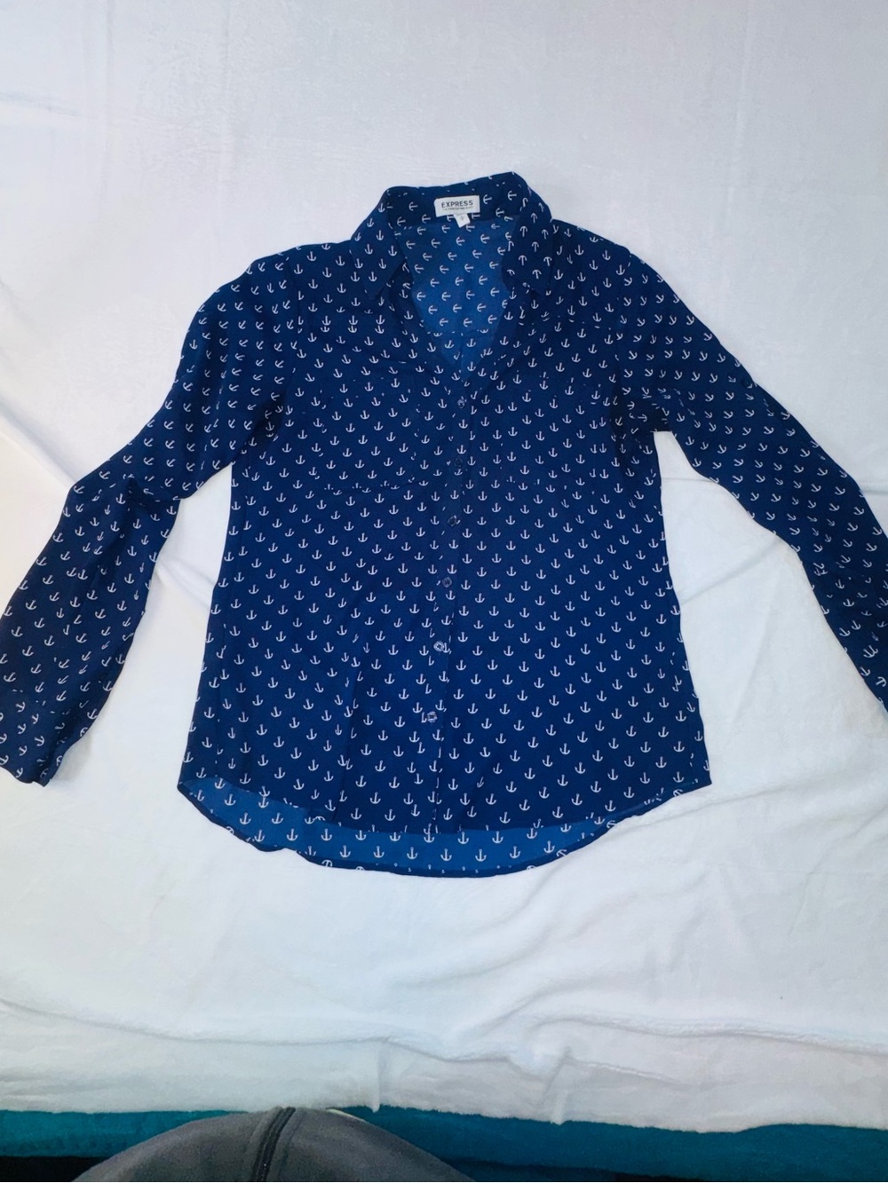 Express Portofino Navy Anchor Print Button Front Blouse Sheer Nautical Small - Picture 4 of 10